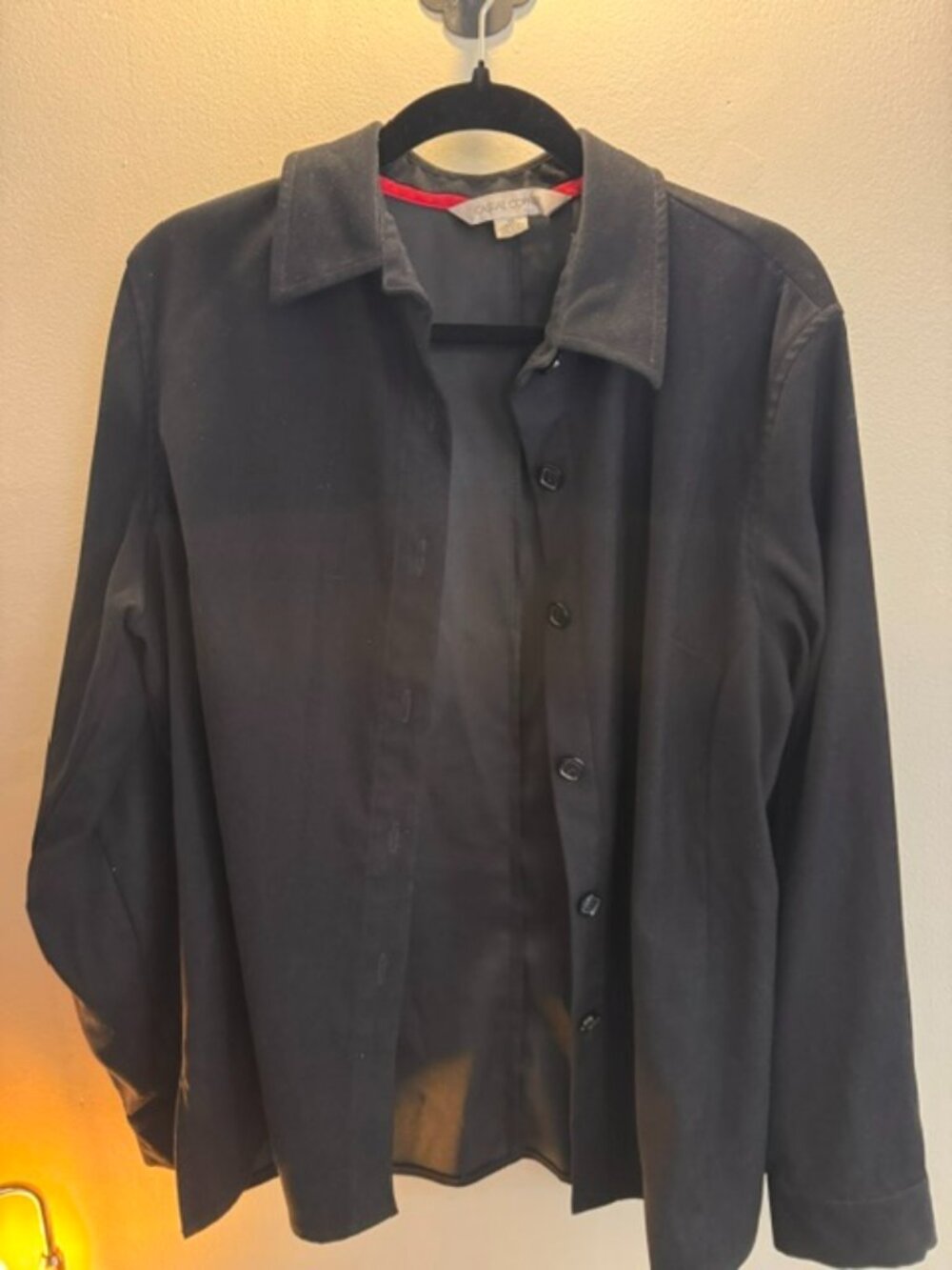 Casual Corner brand long-sleeve, button-down top in black suede-like